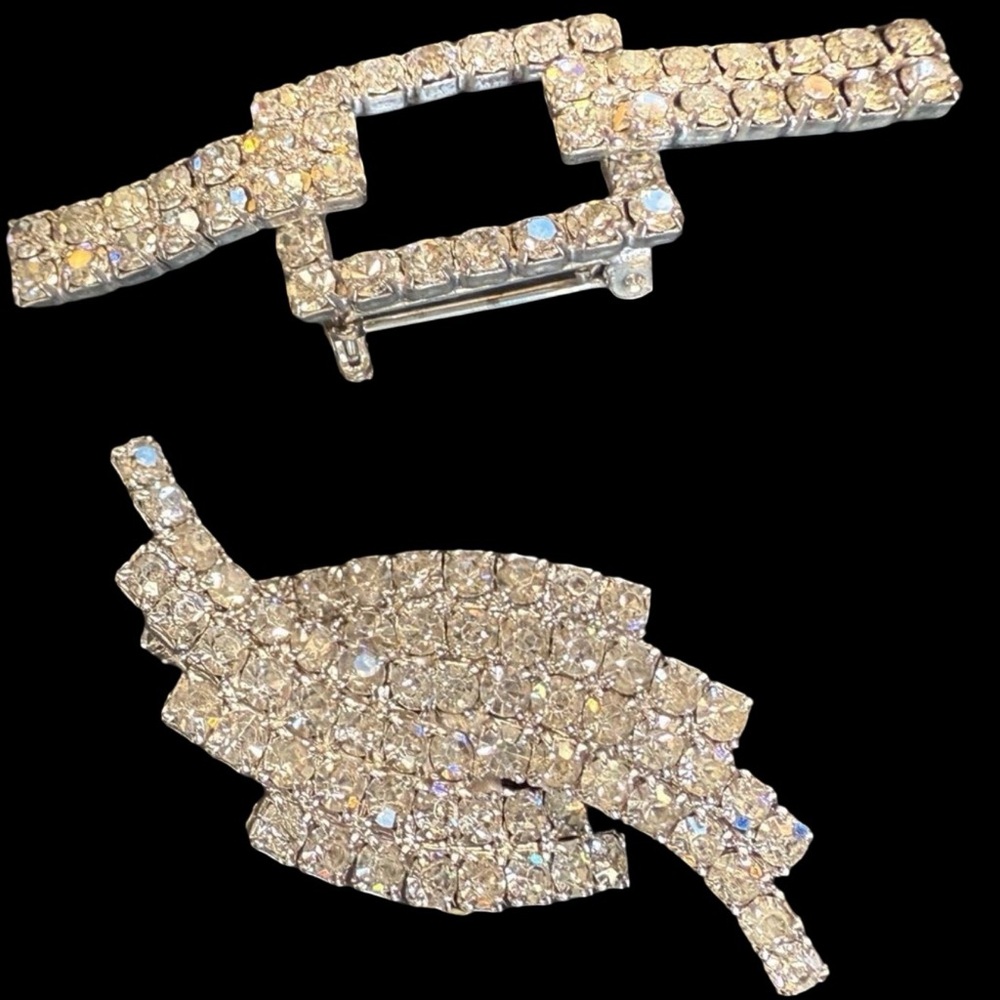 Vintage Clear Rhinestone Brooch Pair Art Deco Style‎ Silver Tone Statement Pins